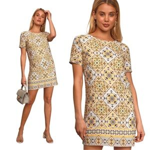 Lulus Dandy Lion Yellow Print Shift Dress, Size S NWT